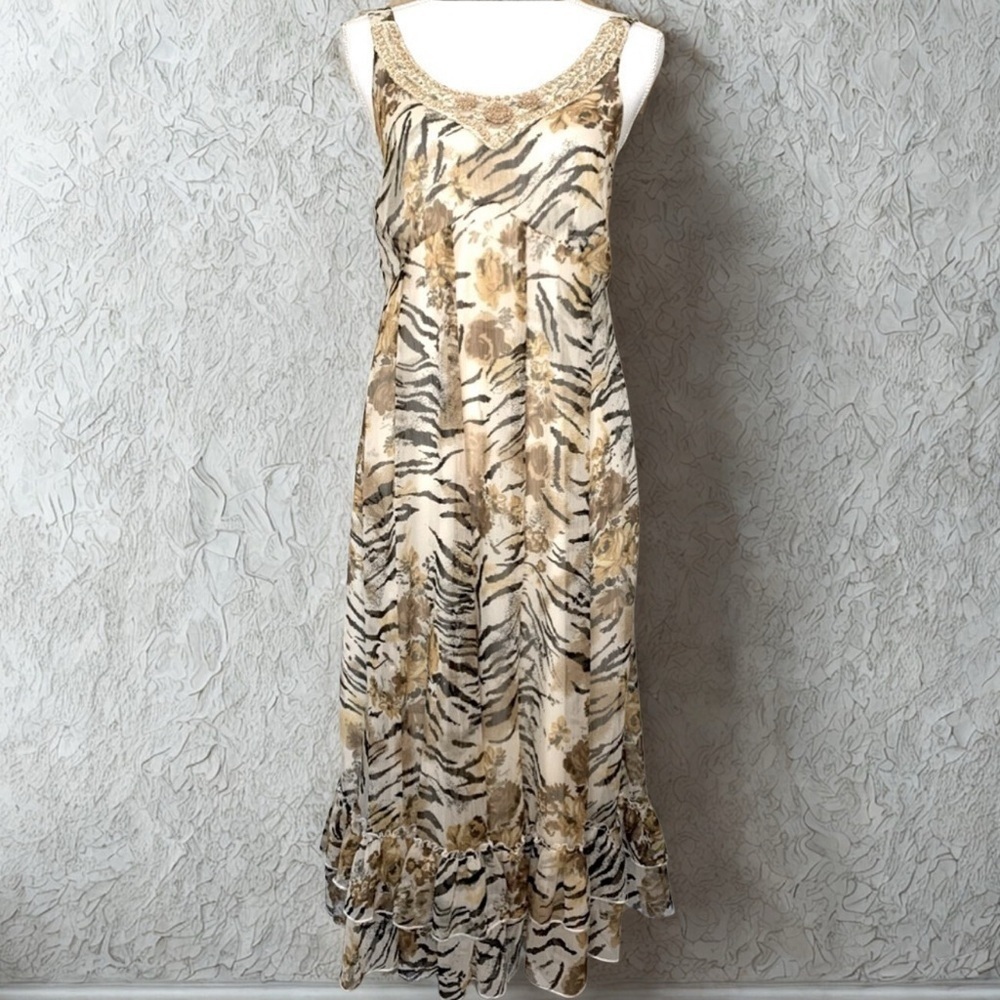 Vasna Desire Animal Print Midi Chiffon Beaded Dress Women Medium‎